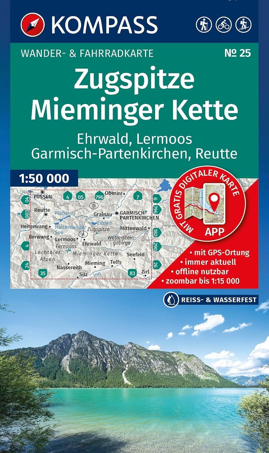 Carte de randonnée n° 025 - Zugspitze, Mieminger Kette, Ehrwald, Lermoos, Garmisch-Partenkirchen, Reutte – 1:50 000 | Kompass carte de randonnée Kompass 