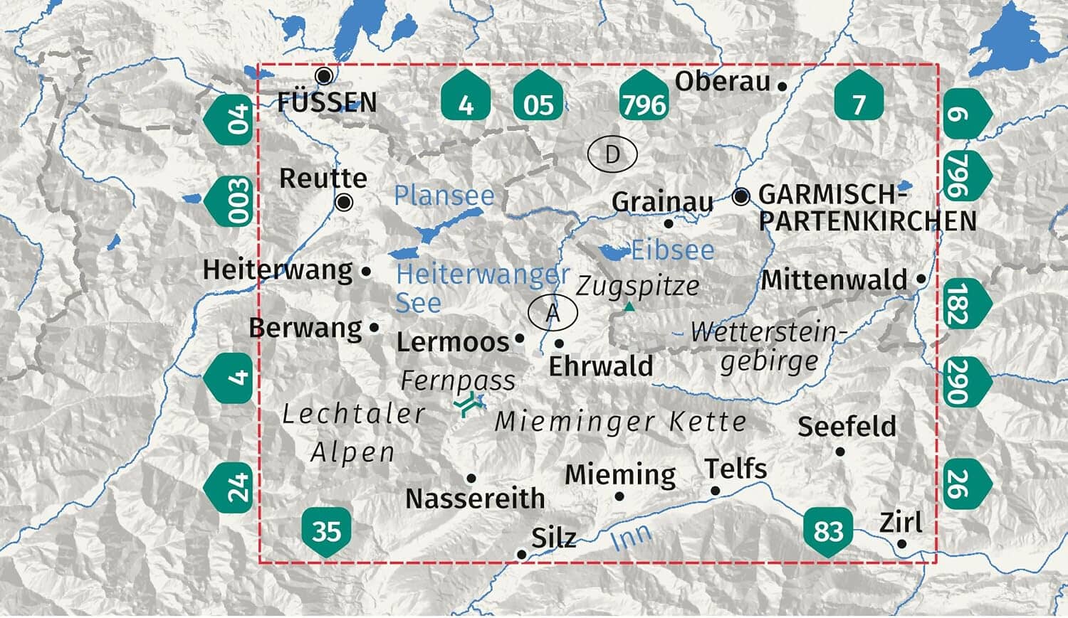 Carte de randonnée n° 025 - Zugspitze, Mieminger Kette, Ehrwald, Lermoos, Garmisch-Partenkirchen, Reutte – 1:50 000 | Kompass carte de randonnée Kompass 