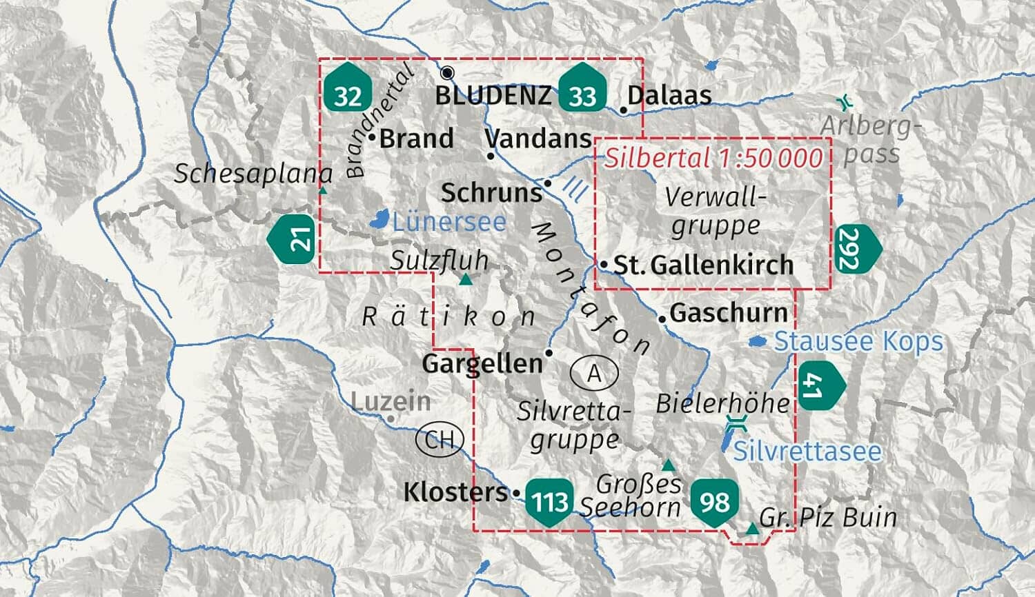 Carte de randonnée n° 032 - Montafon, Brandnertal, Gargellen, Bielerhöhe, Silvretta (Autriche) | Kompass carte de randonnée Kompass