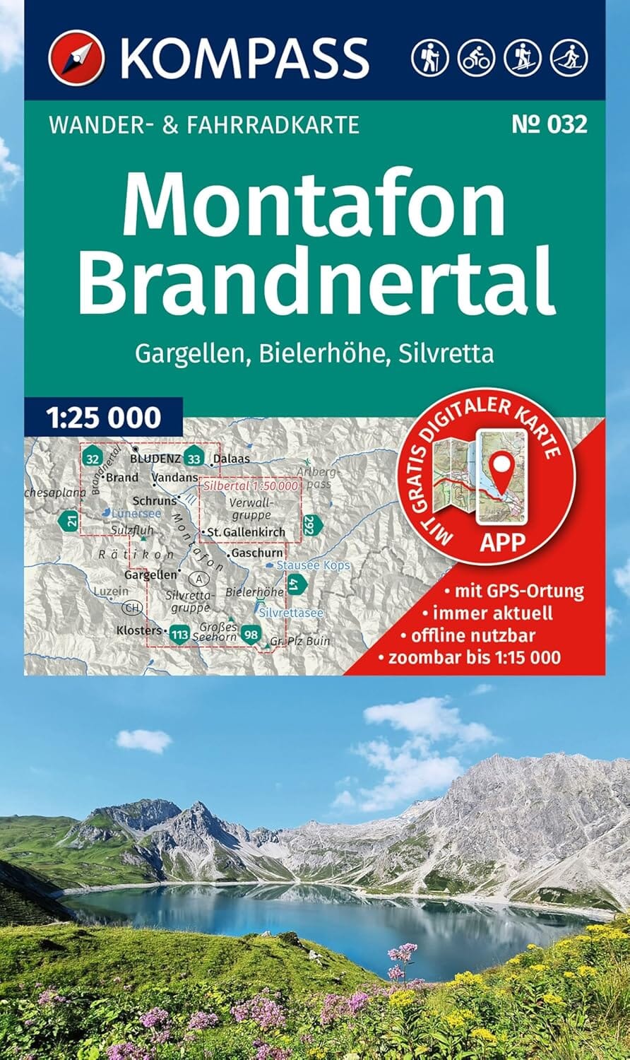 Carte de randonnée n° 032 - Montafon, Brandnertal, Gargellen, Bielerhöhe, Silvretta (Autriche) | Kompass carte de randonnée Kompass