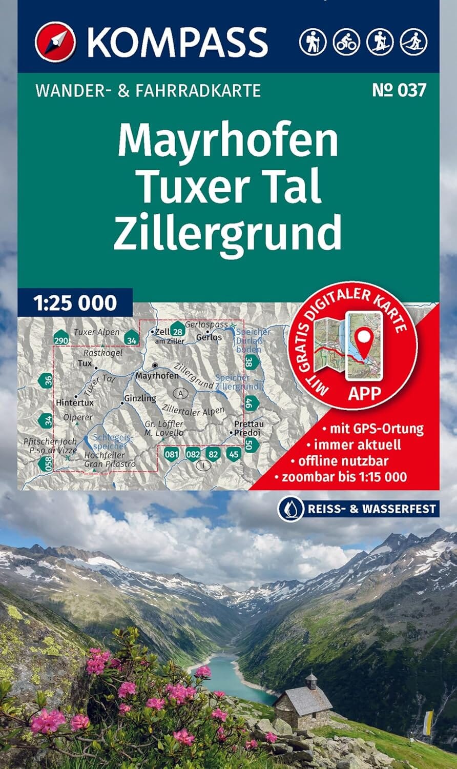 Carte de randonnée n° 037 - Mayerhofen, Tuxer, Tal-Zillergrund (Tyrol) | Kompass carte de randonnée Kompass 
