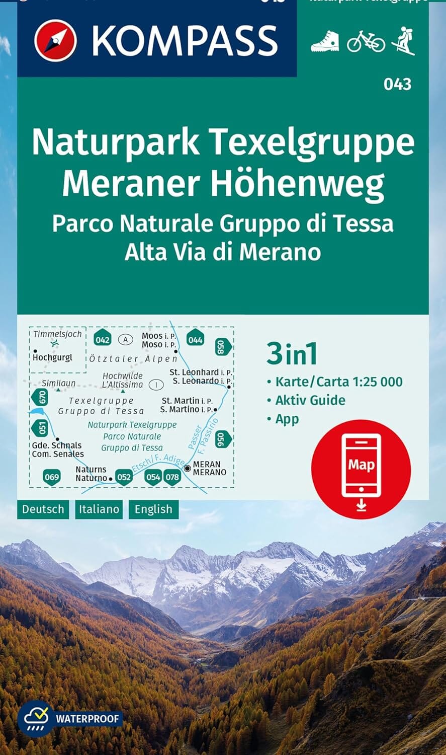 Carte de randonnée n° 043 - Texelgruppe NP, Meraner Höhenweg (Tyrol du Sud) | Kompass carte de randonnée Kompass