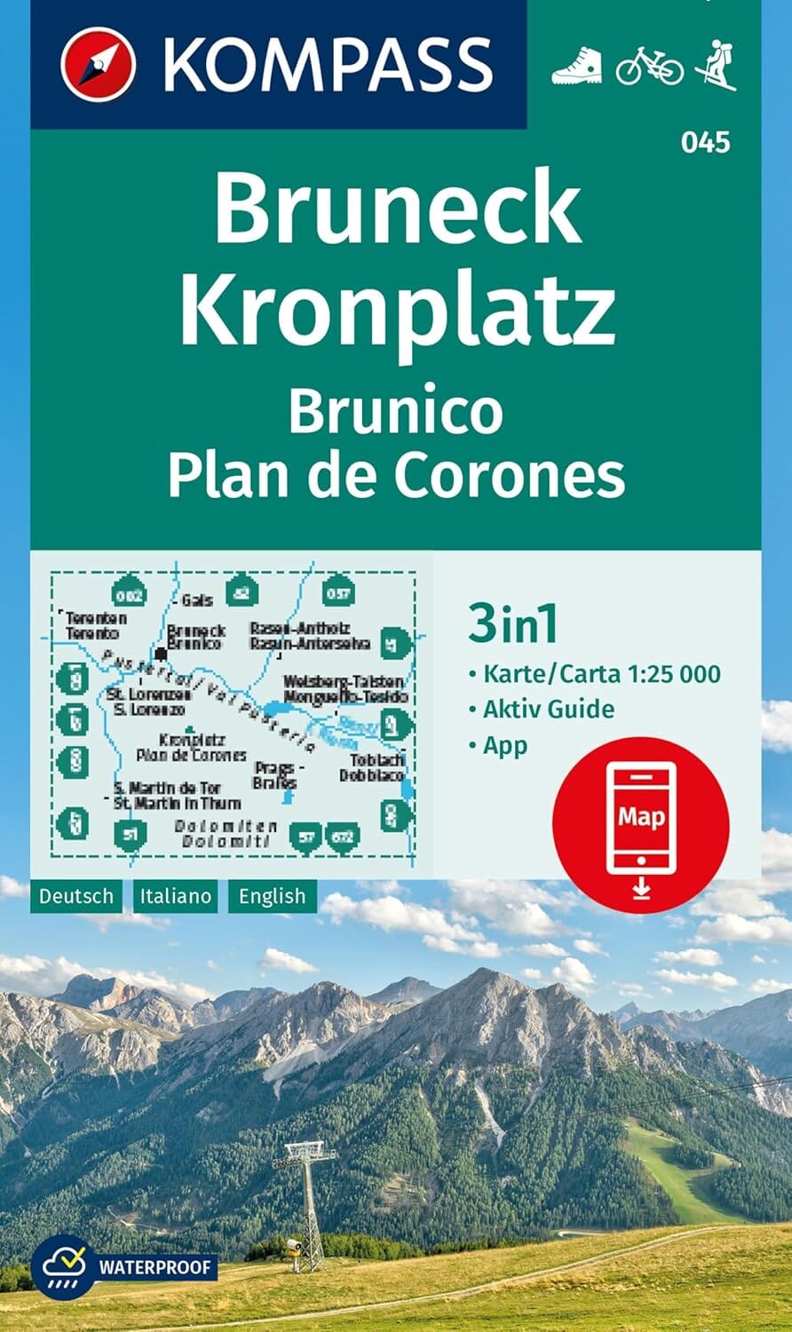 Carte de randonnée n° 045 - Bruneck, Kronplatz + Aktiv Guide (Italie) | Kompass carte de randonnée Kompass
