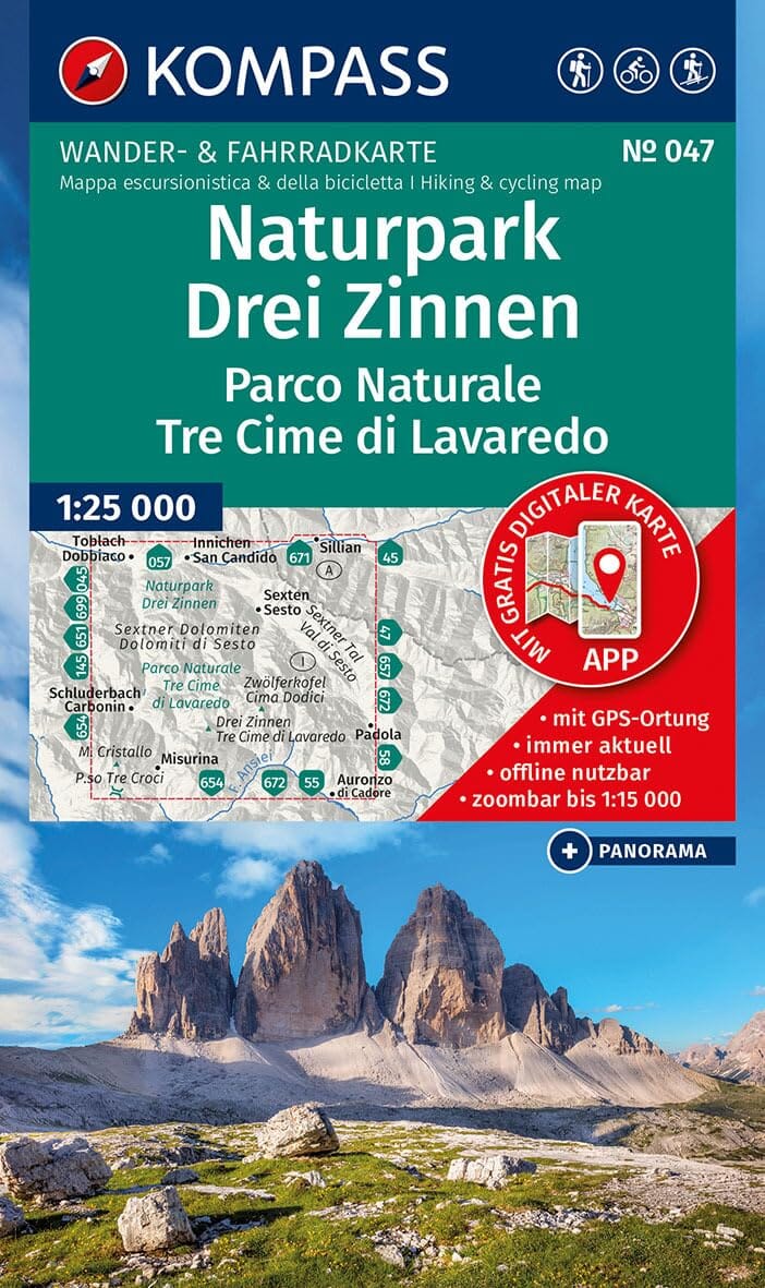 Carte de randonnée n° 047 - Parc naturel des Tre Cime di Lavaredo (Italie) | Kompass carte de randonnée Kompass