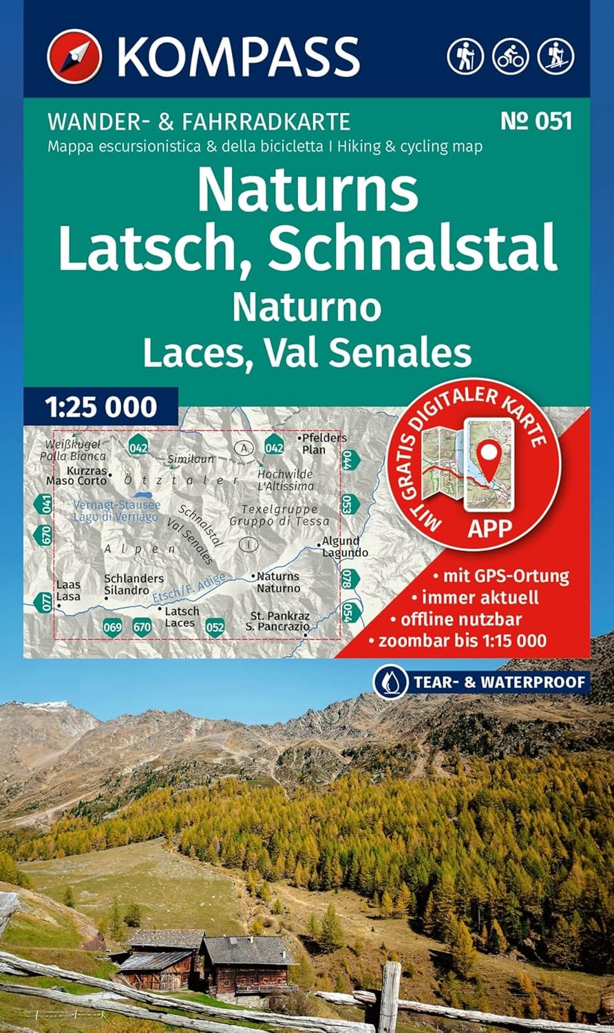 Carte de randonnée n° 051 - Naturns, Latsch, Schnalsta / Naturno, Laces, Val Senales (Italie) | Kompass carte de randonnée Kompass 
