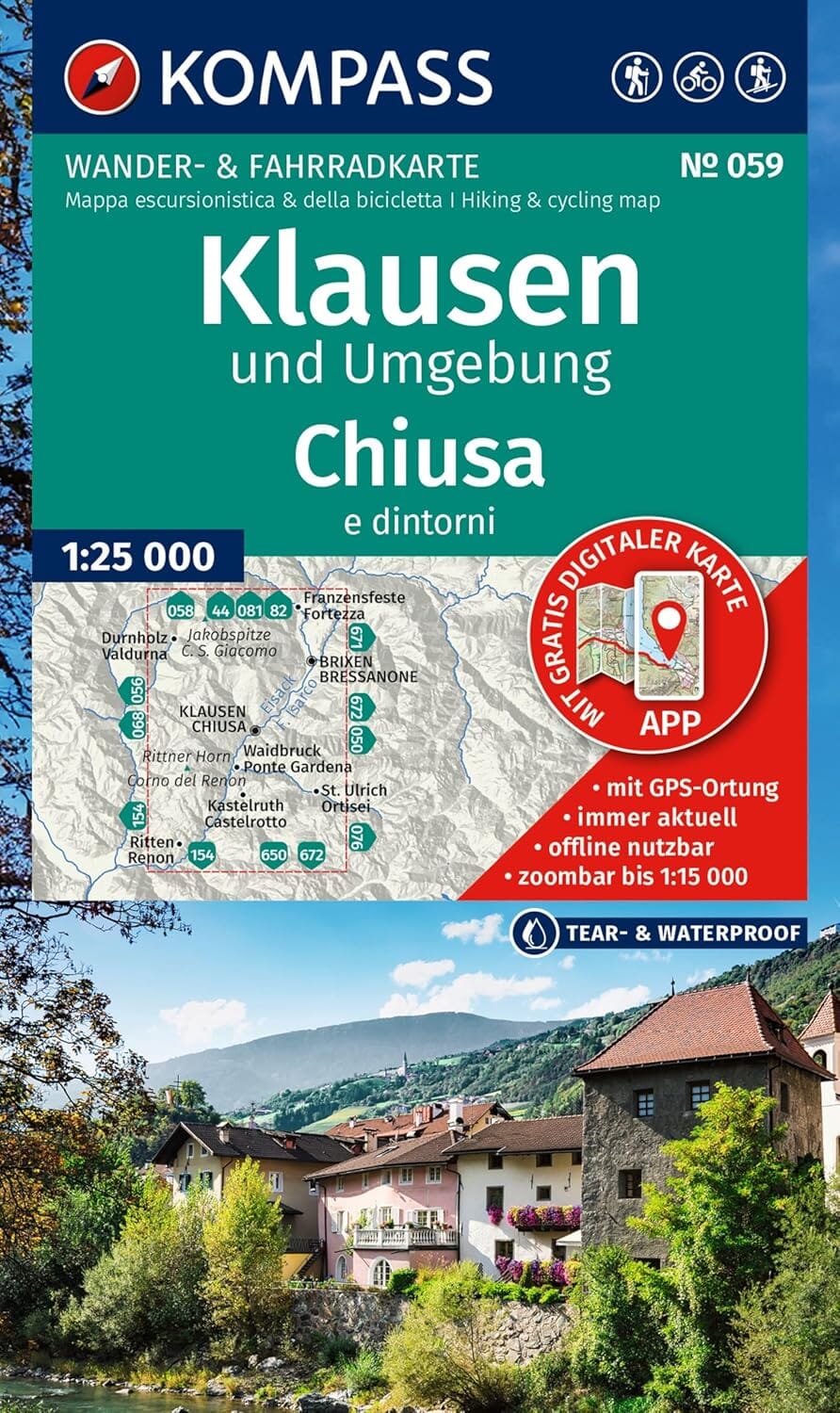 Carte de randonnée n° 059 - Klausen et environs /Chiusae e dintorni (Italie) | Kompass carte de randonnée Kompass 