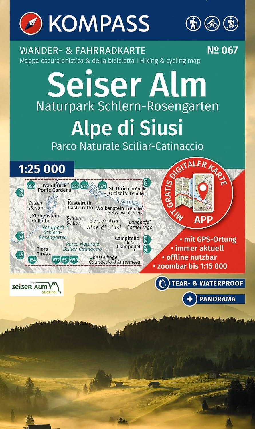 Carte de randonnée n° 067 - Alpe di Siusi & parc naturel Sciliar-Catinaccio | Kompass - 1:25 000 carte de randonnée Kompass 