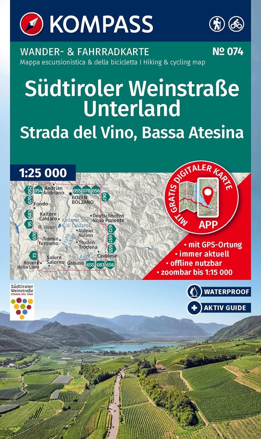Carte de randonnée n° 074 - Route des vins du Sud-Tyrol (Italie) | Kompass carte de randonnée Kompass