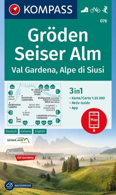 Carte de randonnée n° 076 - Gröden, Seiser Alm/ Val Gardena-Alpe di Siusi (Italie) | Kompass carte de randonnée Kompass