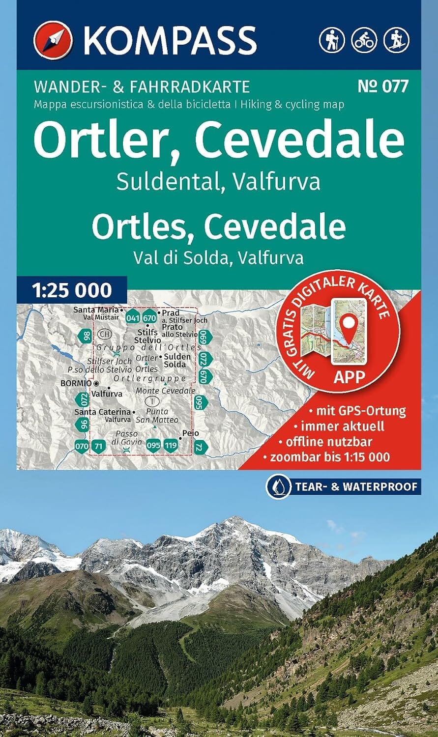 Carte de randonnée n° 077 - Ortles, Cevedale, Suldental, Valfurva (Italie) | Kompass carte de randonnée Kompass 