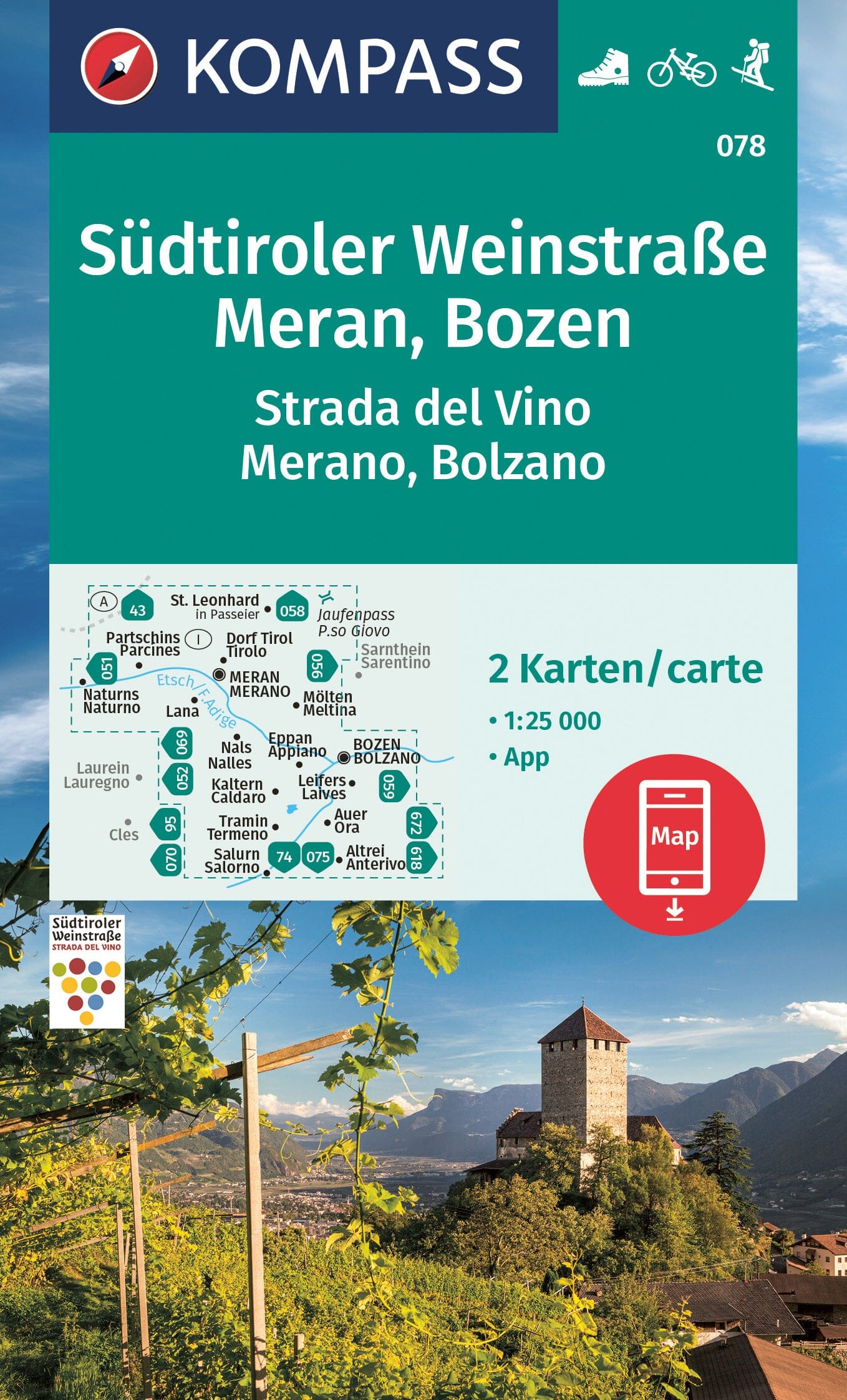 Carte de randonnée n° 078 - Südtiroler Weinstraße, Meran, Bozen (Italie) | Kompass carte de randonnée Kompass