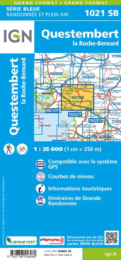 Carte de randonnée n° 1021 - Questembert, La Roche-Bernard | IGN - Série Bleue carte de randonnée IGN
