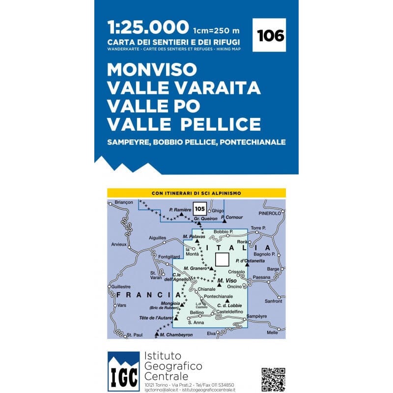 Carte de randonnée n° 106 - Monviso, Sampeyre, Bobbio Pellice, Valle Varaita, Valle Po, Valle Pellice (1/25 000) | Istituto Geografico Centrale carte de randonnée Istituto Geografico Centrale 