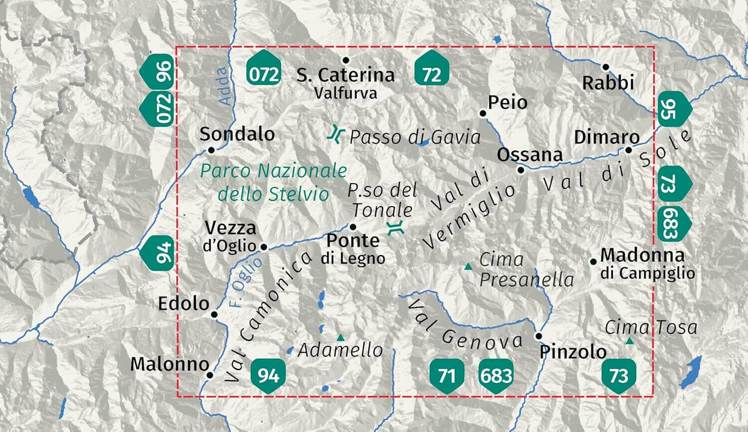 Carte de randonnée n° 107 - Ponte di Legno, Alta Val Camonica, Passo del Tonale, Val di Vermiglio, Val Genova (Italie) | Kompass carte de randonnée Kompass 