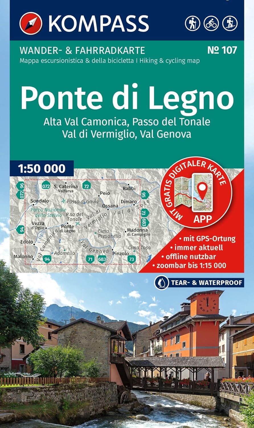 Carte de randonnée n° 107 - Ponte di Legno, Alta Val Camonica, Passo del Tonale, Val di Vermiglio, Val Genova (Italie) | Kompass carte de randonnée Kompass 