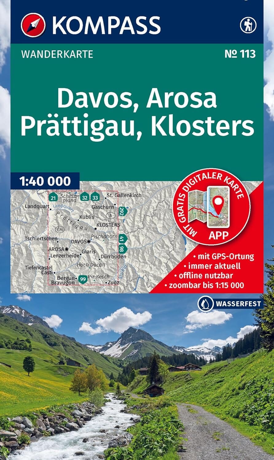 Carte de randonnée n° 113 - Davos, Arosa, Prättigau, Klosters (Suisse) | Kompass carte pliée Kompass 