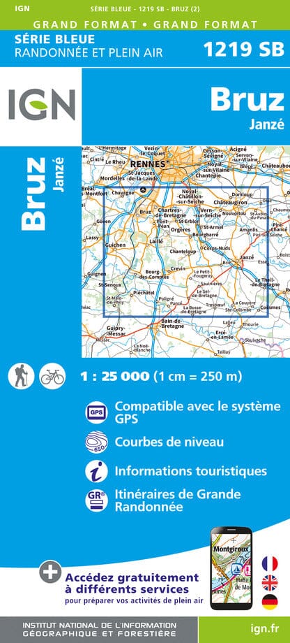 Carte de randonnée n° 1219 - Bruz, Janzé | IGN - Série Bleue carte de randonnée IGN