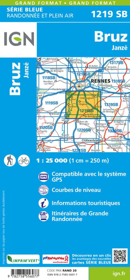 Carte de randonnée n° 1219 - Bruz, Janzé | IGN - Série Bleue carte de randonnée IGN