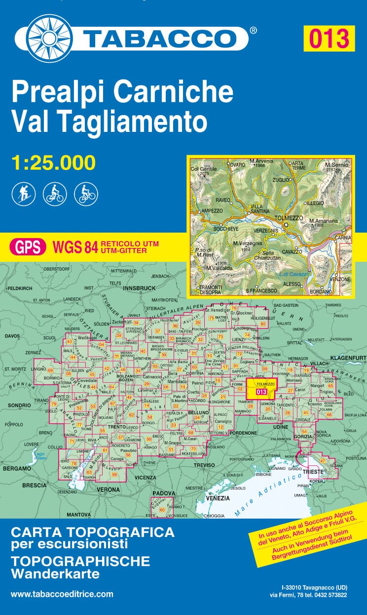 Carte de randonnée n° 13 - Vallée du Tagliamento, Préalpes carniques | Tabacco carte pliée Tabacco 