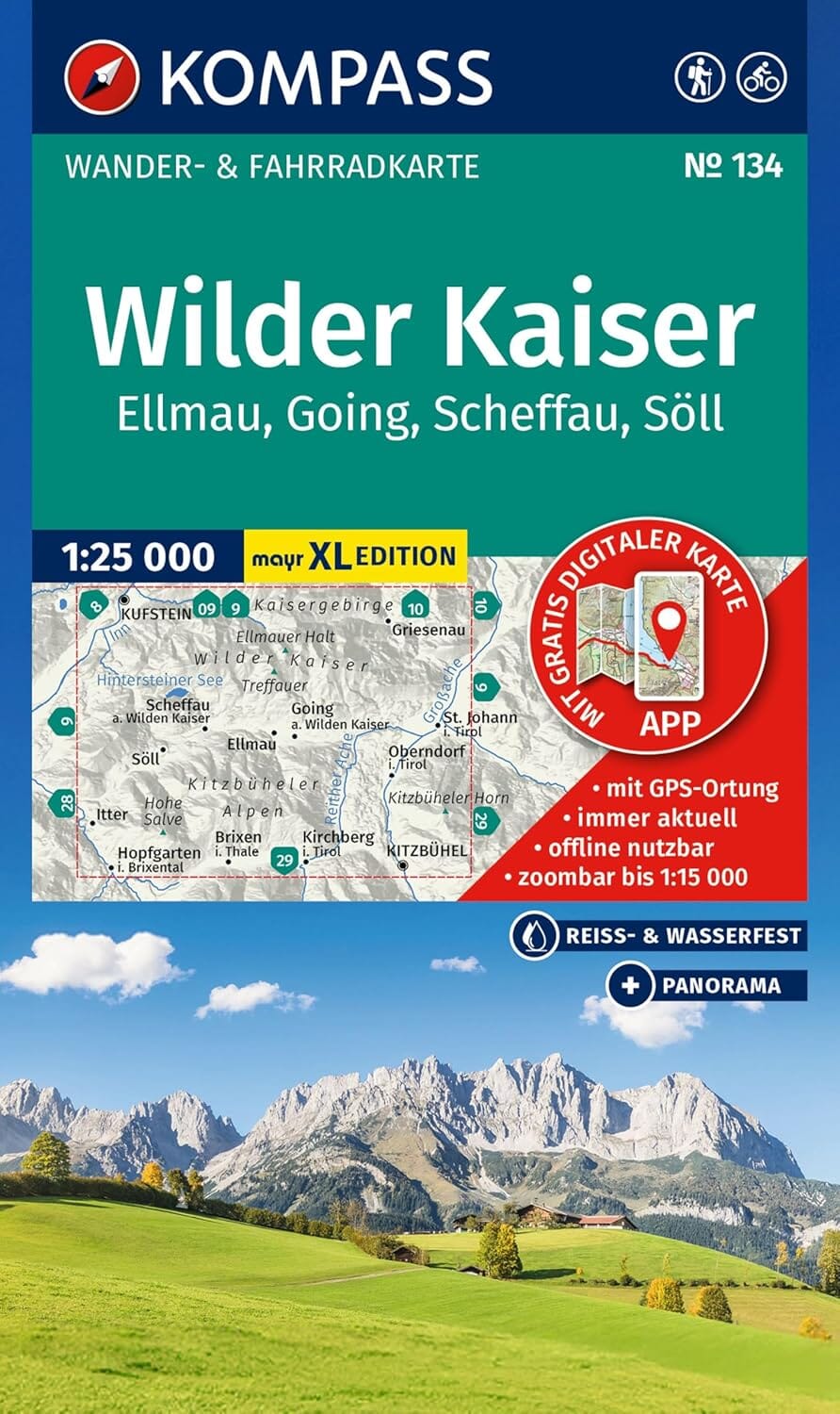 Carte de randonnée n° 134 - Wilder Kaise-Ellmau-Going-Scheffau-Söll (Autriche) | Kompass carte de randonnée Kompass 