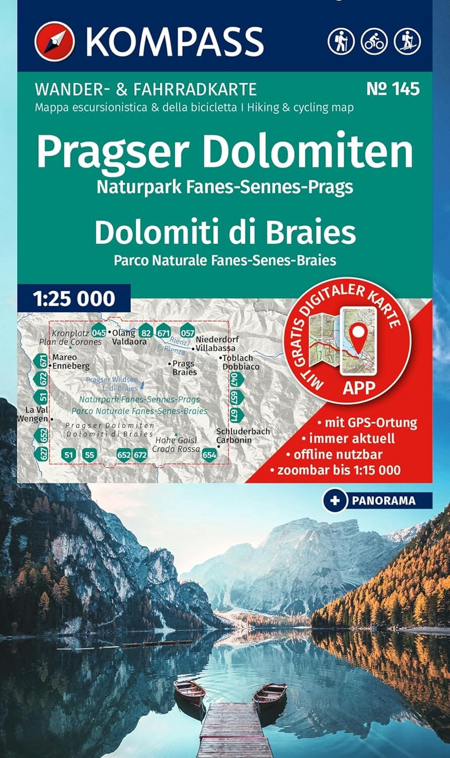 Carte de randonnée n° 145 – Parc naturel Fanes-Sennes-Braies / Pragser Dolomiten / Dolomiti di Braies | Kompass carte de randonnée Kompass
