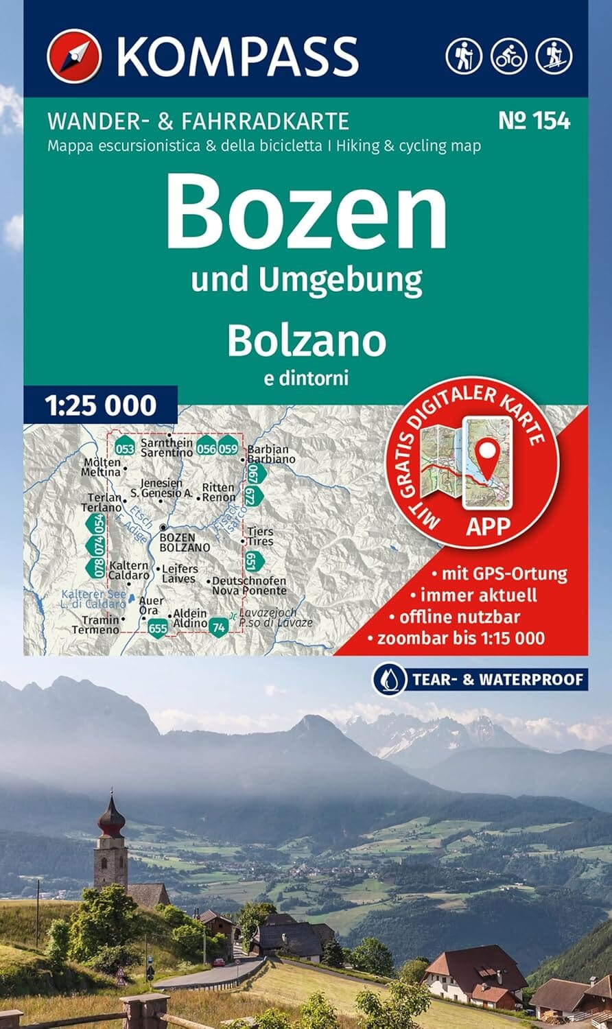 Carte de randonnée n° 154 - Bolzano & environs + Aktiv Guide (Italie) | Kompass carte de randonnée Kompass