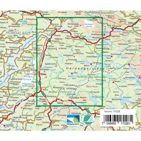 Carte de randonnée n° 17028 - Hardangervidda Ouest (Norvège) | Nordeca - Turkart Pro 1/100 000 carte de randonnée Nordeca 