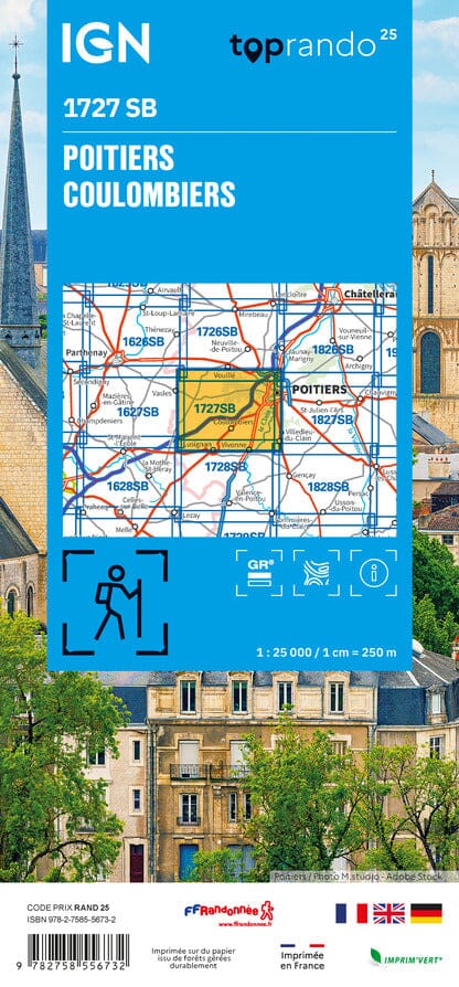 Carte de randonnée n° 1727 - Poitiers, Coulombiers | IGN - Série Bleue carte de randonnée IGN