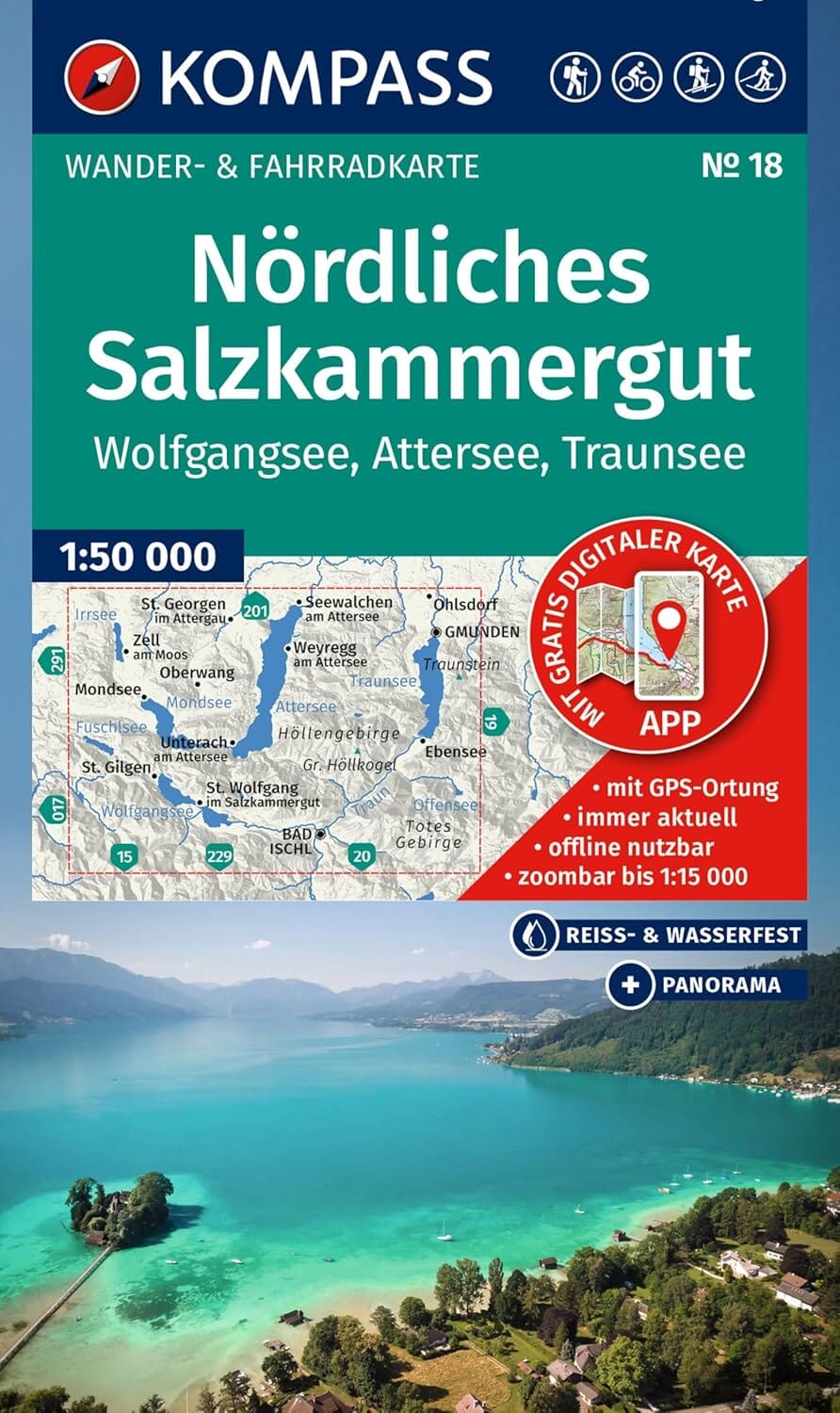 Carte de randonnée n° 18 - Salzkammergut Nördliches, Wolfgangsee, Attersee, Traunsee (Autriche) | Kompass carte de randonnée Kompass 