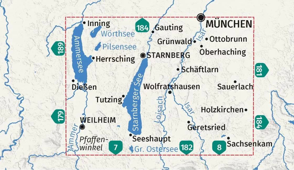 Carte de randonnée n° 180 - Lac de Starnberg, Lac Ammer (Bavière) | Kompass carte de randonnée Kompass