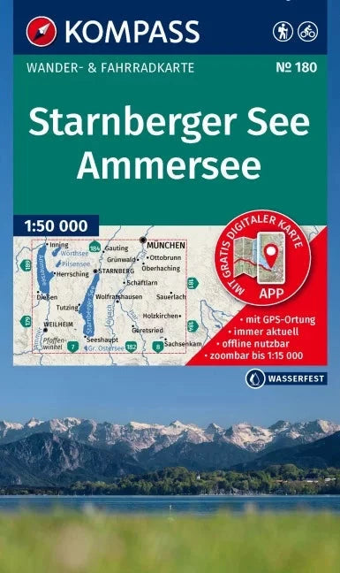 Carte de randonnée n° 180 - Lac de Starnberg, Lac Ammer (Bavière) | Kompass carte de randonnée Kompass