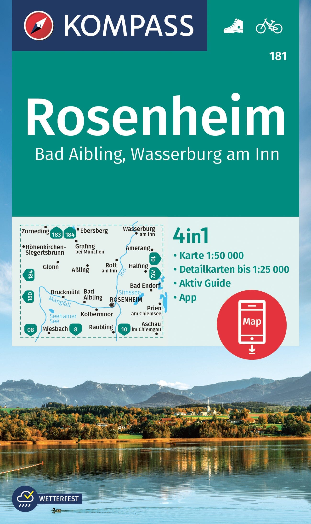 Carte de randonnée n° 181 - Rosenheim - Bad Aibling, Wasserburg am Inn (Bavière) | Kompass carte de randonnée Kompass