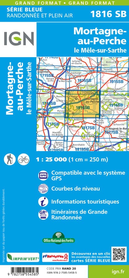 Carte de randonnée IGN Série Bleue n° 1816 - Mortagne-au-Perche, Mêle-sur-Sarthe carte de randonnée IGN
