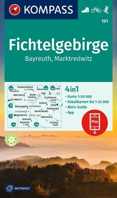 Carte de randonnée n° 191 - Fichtelgebirge, Bayreuth, Marktredwitz + Guide (Allemagne) | Kompass carte de randonnée Kompass