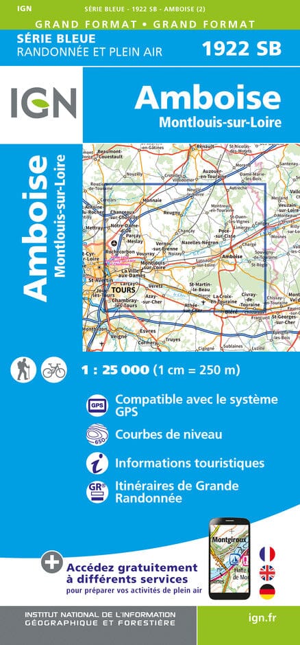Carte de randonnée n° 1922 - Amboise, Montlouis-sur-Loire | IGN - Série Bleue carte pliée IGN 