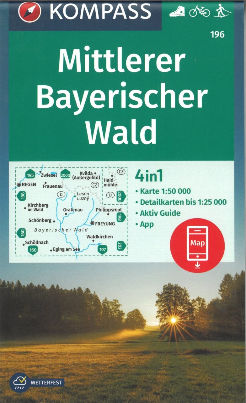 Carte de randonnée n° 196 - Forêt de Bavière Centre / Bayerischer Wald Mittlerer + Activ Guide (Allemagne) | Kompass carte de randonnée Kompass