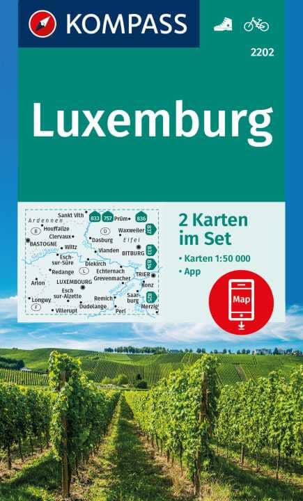 Carte de randonnée n° 2202 - Luxembourg (lot de 2) | Kompass carte de randonnée Kompass