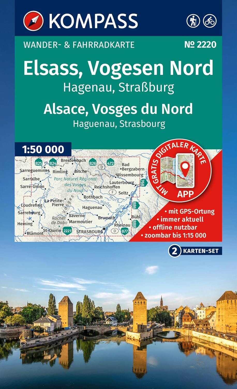 Carte de randonnée n° 2220 - Alsace, Vosges du Nord | Kompass carte de randonnée Kompass 