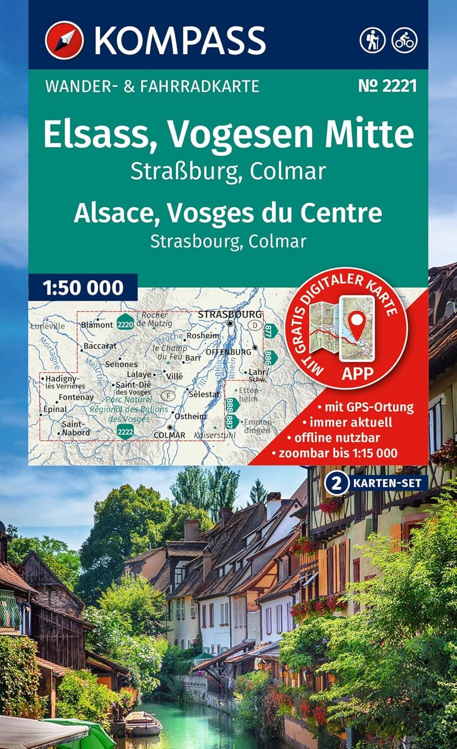 Carte de randonnée n° 2221 - Massif des Vosges Central, lot de 2 cartes | Kompass carte de randonnée Kompass 