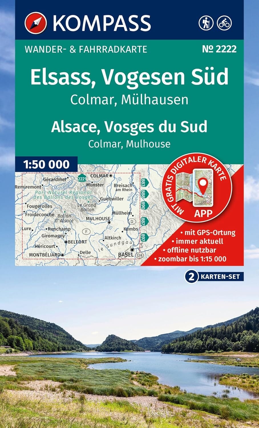 Carte de randonnée n° 2222 - Alsace, Vosges du Sud (Colmar, Mulhouse) | Kompass carte de randonnée Kompass