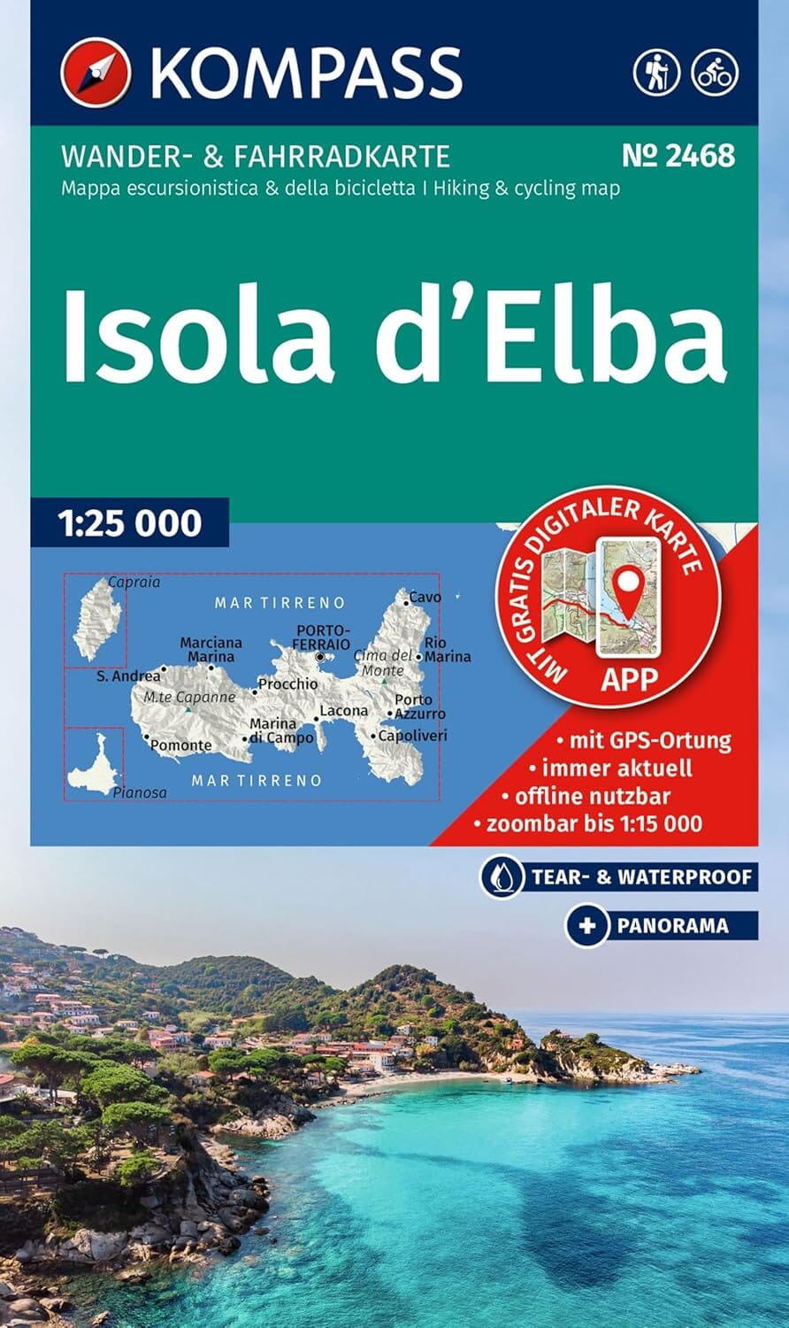 Carte de randonnée n° 2468 - Ile d'Elbe (Italie) | Kompass carte pliée Kompass 