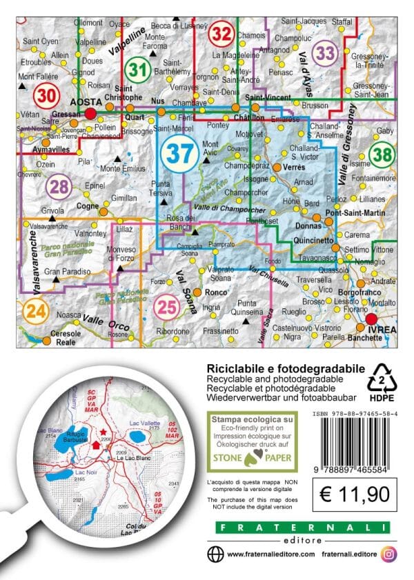 Carte de randonnée n° 25-37 - Valle di Champorcher, Parco Mont Avic, Valle Centrale | Fraternali - 1/25 000 carte pliée Fraternali 