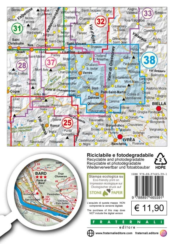Carte de randonnée n° 25-38 - Bassa Valle di Gressoney, Bassa Val d'Ayas, Oropa | Fraternali - 1/25 000 carte pliée Fraternali 