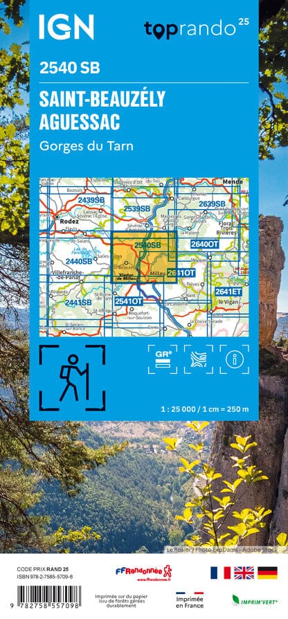 Carte de randonnée n° 2540 - Saint-Beauzély, Aguessac, Gorges du Tarn | IGN - Série Bleue carte de randonnée IGN 