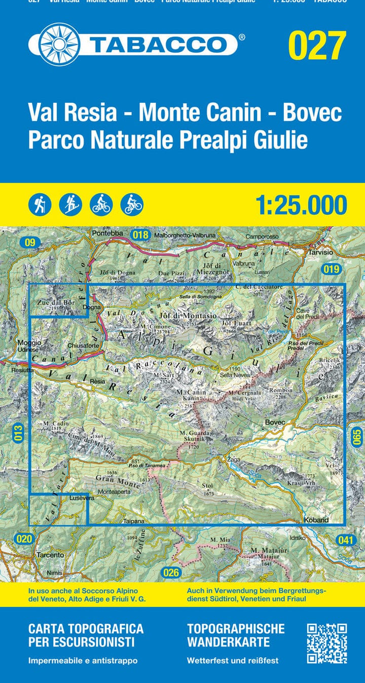 Carte de randonnée n° 27 - Mont Canin, du Val Resia et parc naturel des préalpes de Giulie (Italie) | Tabacco carte de randonnée Tabacco 