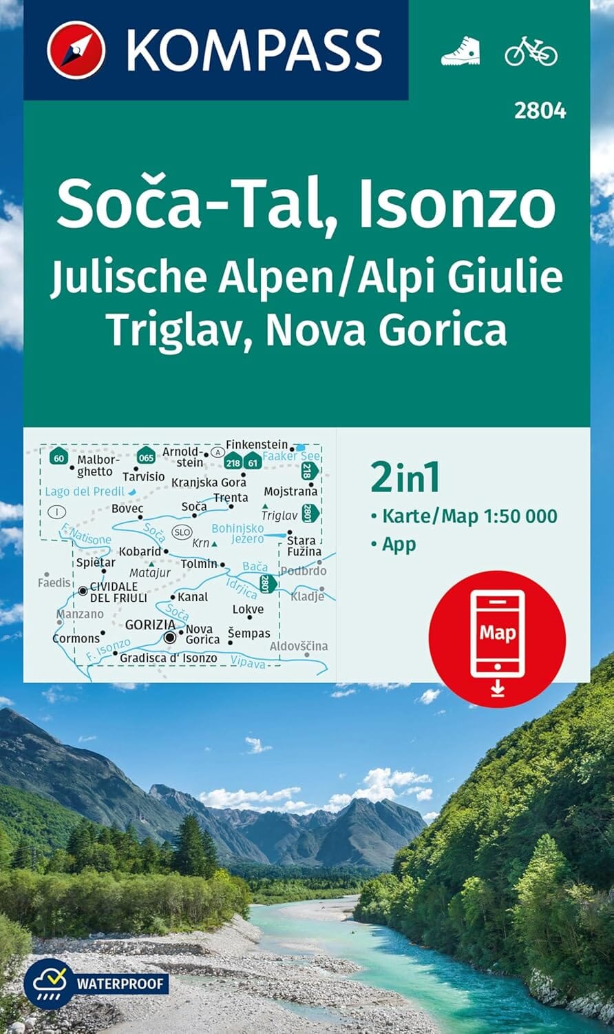 Carte de randonnée n° 2804 - Soca-Tal, Isonzo, Alpi Giulie / Julische Alpen, Triglav, Nova Gorica (Slovénie) | Kompass carte de randonnée Kompass