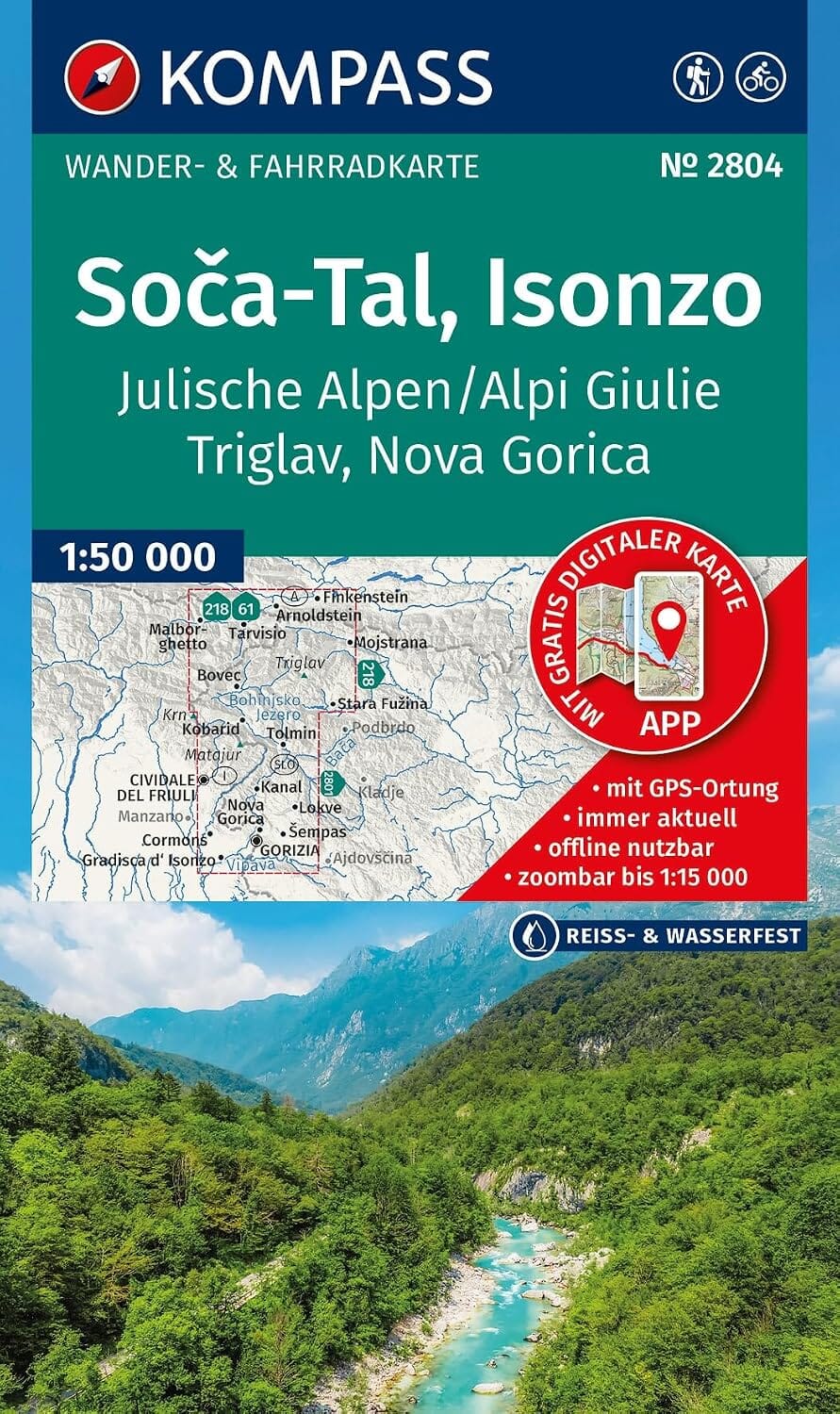 Carte de randonnée n° 2804 - Vallée de la Soča, Alpes Juliennes, Triglav & Nova Gorica | Kompass – 1:50 000 carte de randonnée Kompass 