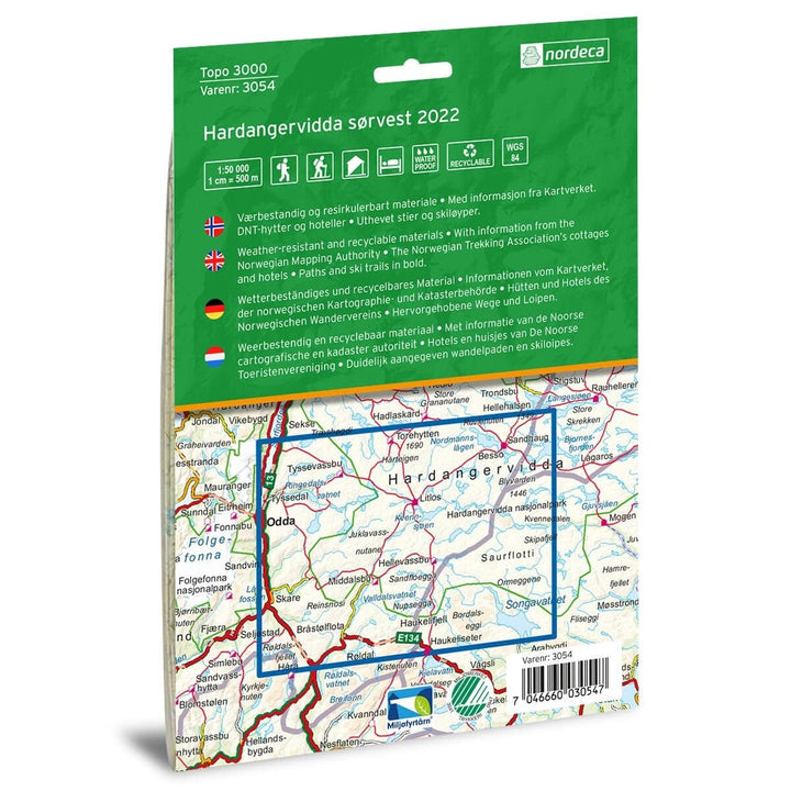 Carte de randonnée n° 3054 - Hardangervidda sud-ouest (Norvège) | Nordeca - série 3000 carte de randonnée Nordeca