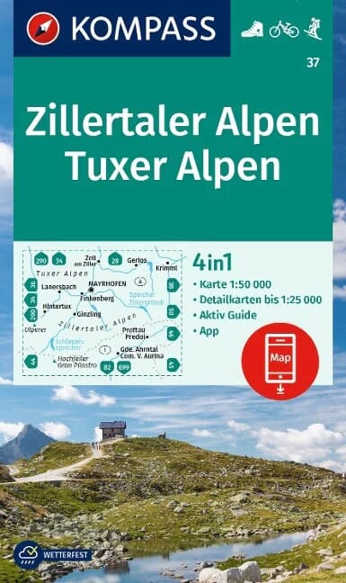 Carte de randonnée n° 37 - Zillertaler Alpen, Tuxer Alpen + Aktiv Guide (Autriche) | Kompass carte de randonnée Kompass
