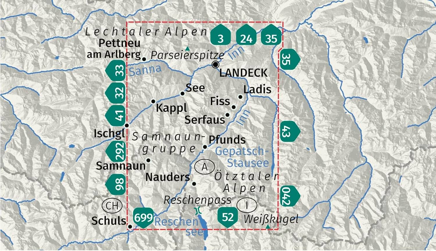 Carte de randonnée n° 42 - Landeck, Nauders, Samnaungruppe (Autriche, Suisse) | Kompass carte de randonnée Kompass 